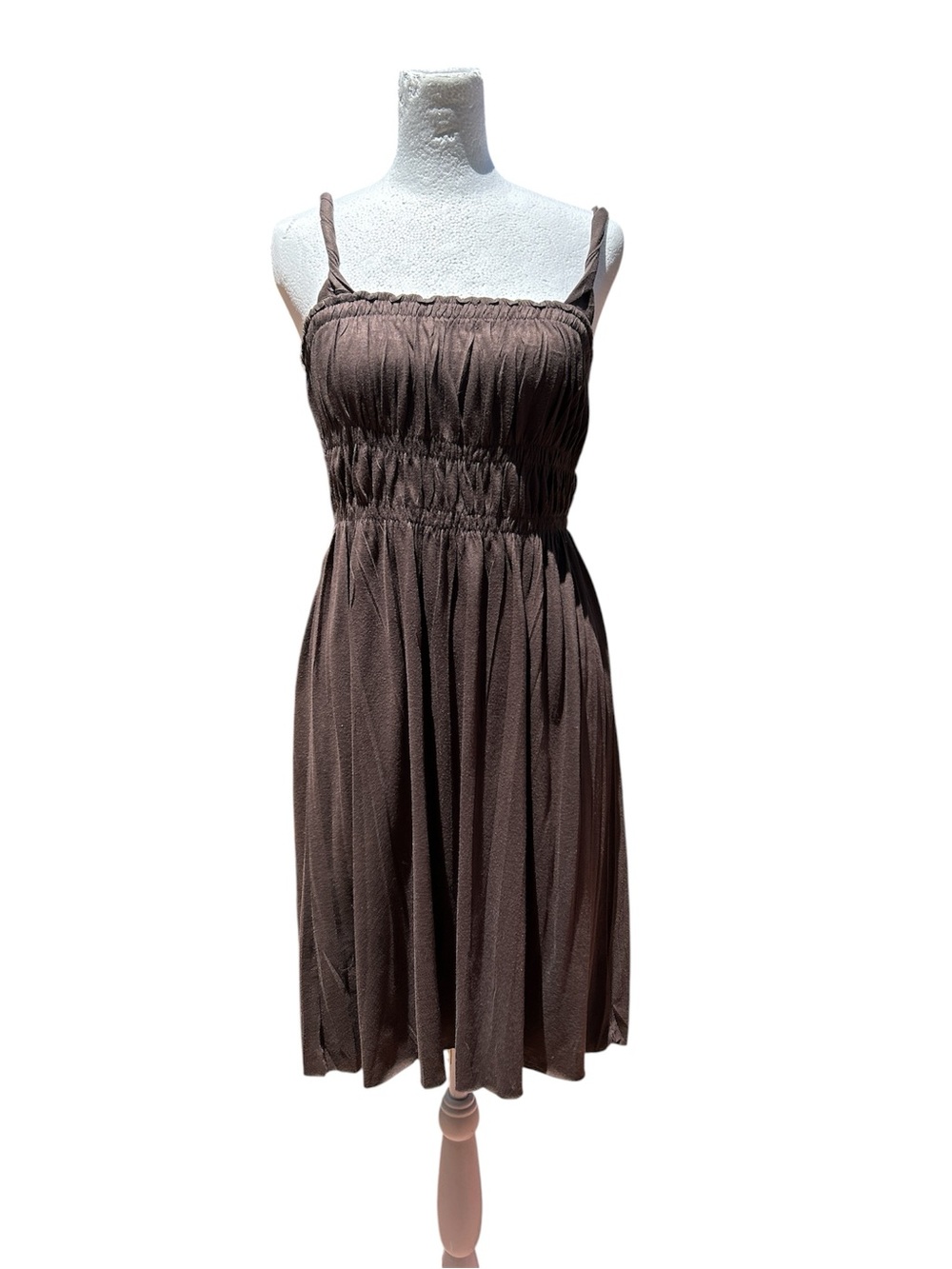 Vintage Benetton Summer Dress Smocked Bodice Straps Chocolate Brown